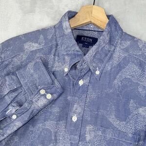 Eton Whale Blue Pattern Slim Fit Button Down Dress Shirt Men 42 L Luxury Preppy